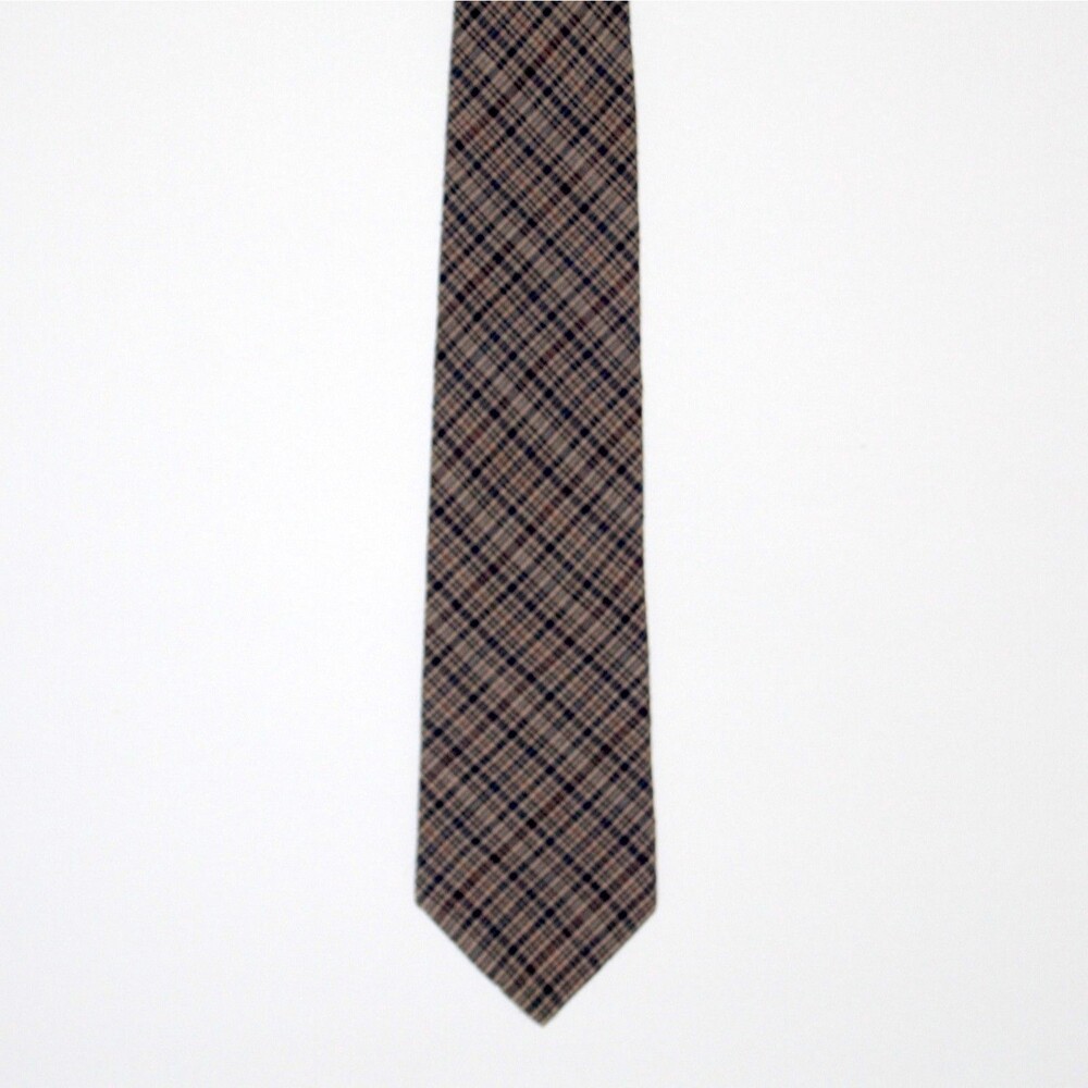 Beans McGee Necktie plaid blue tan vintage USA traditional cotton linen
